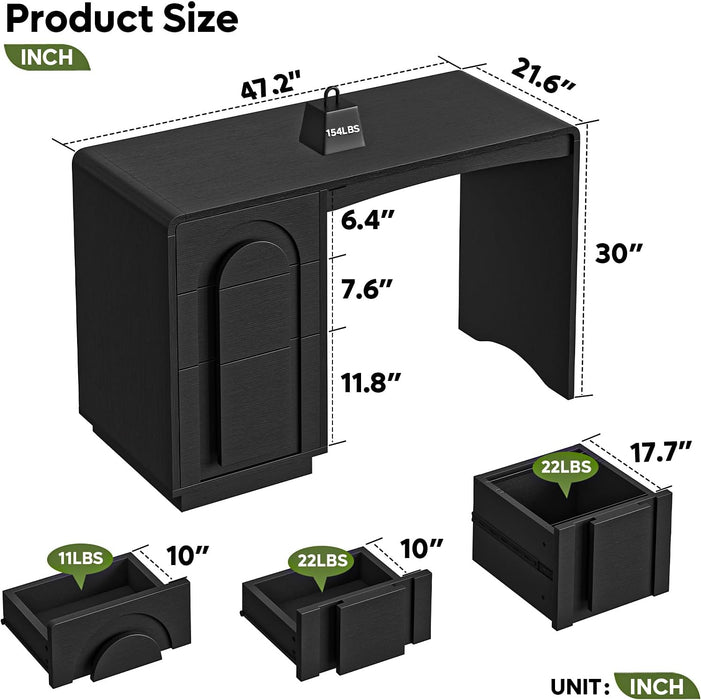 47" Computer Desk with 3 Drawers, Executive Style, Black