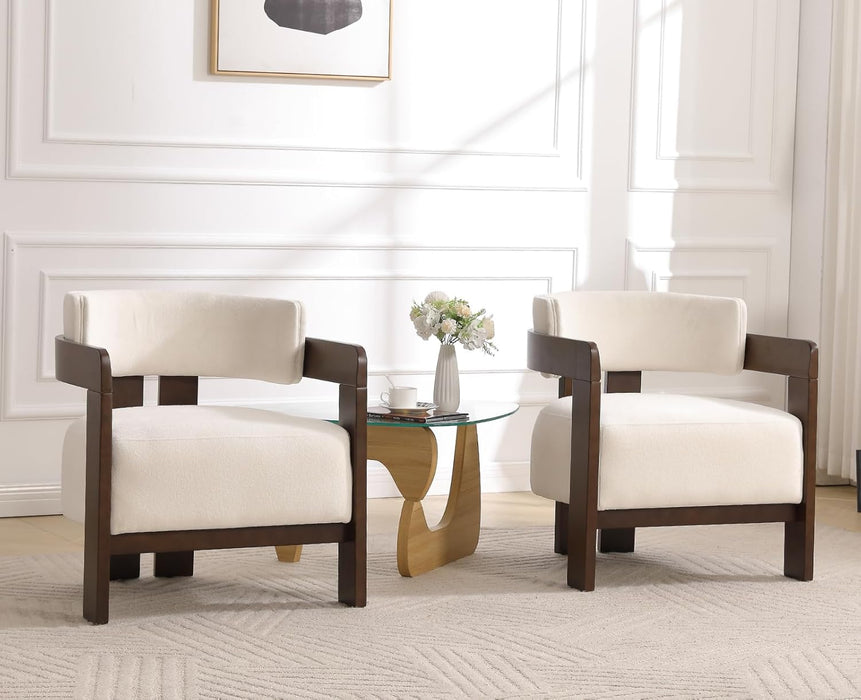 Barrel Accent Chairs Set of 2 Modern Comfy Living Room Chairs with Wooden Legs Mid Century Upholstered Lounge Reading Armchairs for Bedroom/Indoor Reading Nook/Corner/Office, White