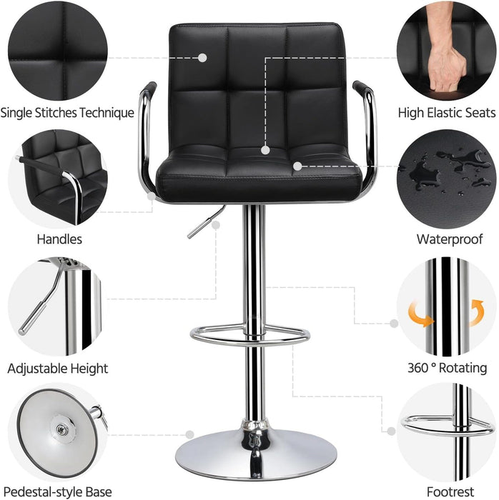 Bar Stools Set of 2, PU Leather Adjustable Swivel Barstools, Hydraulic Kitchen Counter Height Bar Chairs with Armrest and Back for Bar, Kitchen, Dining Room, Black