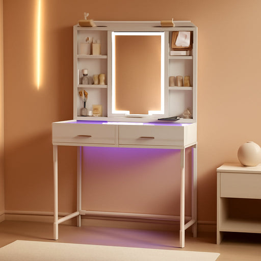 Vanity Desk with Mirror and LED Lights, 31" Small Makeup Vanity with Glass Top & Power Outlet, Vanity with 3 Colors Light, RGB Drawers and Five Shelves, White Vanity for Bedroom