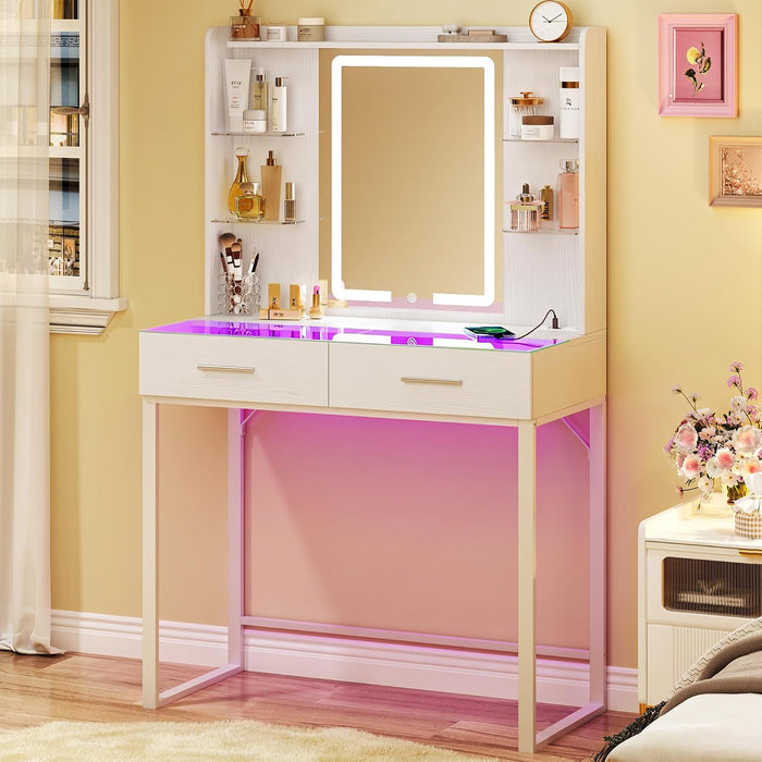 Vanity Desk with Mirror and LED Lights, 31" Small Makeup Vanity with Glass Top & Power Outlet, Vanity with 3 Colors Light, RGB Drawers and Five Shelves, White Vanity for Bedroom