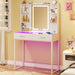Vanity Desk with Mirror and LED Lights, 31" Small Makeup Vanity with Glass Top & Power Outlet, Vanity with 3 Colors Light, RGB Drawers and Five Shelves, White Vanity for Bedroom