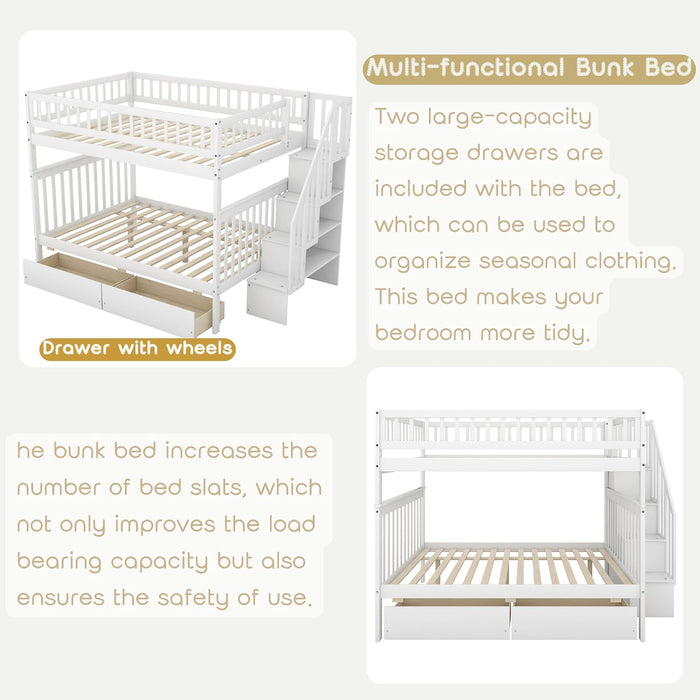 Full Over Full Bunk Bed GrayStairsWithDrawersStorageSystem