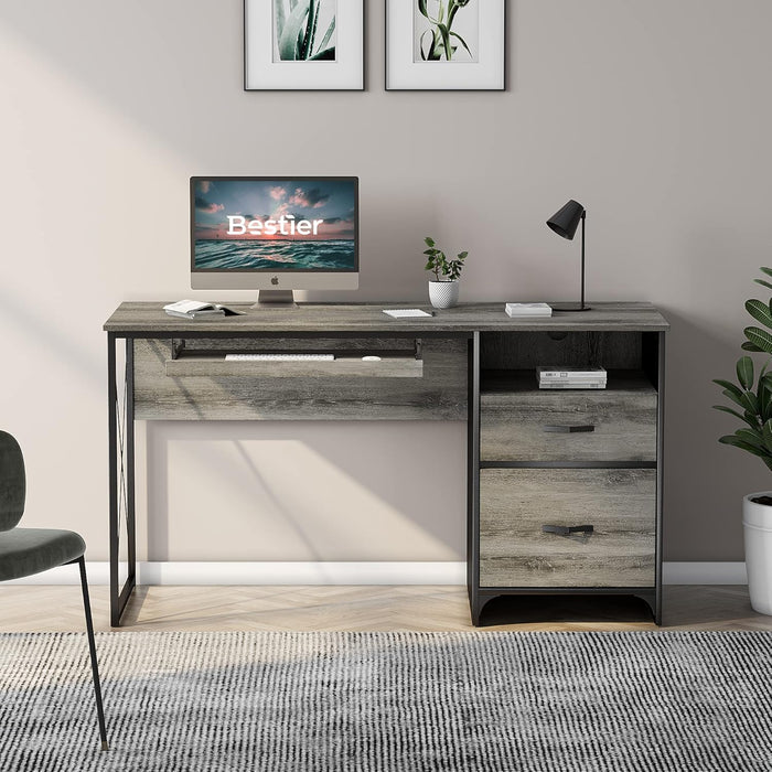 Office Desk with Drawers, 55 Inch Industrial Computer Desk with Storage, Wood Teacher Desk with Keyboard Tray & File Drawer for Home Office, Dark Gray Oak