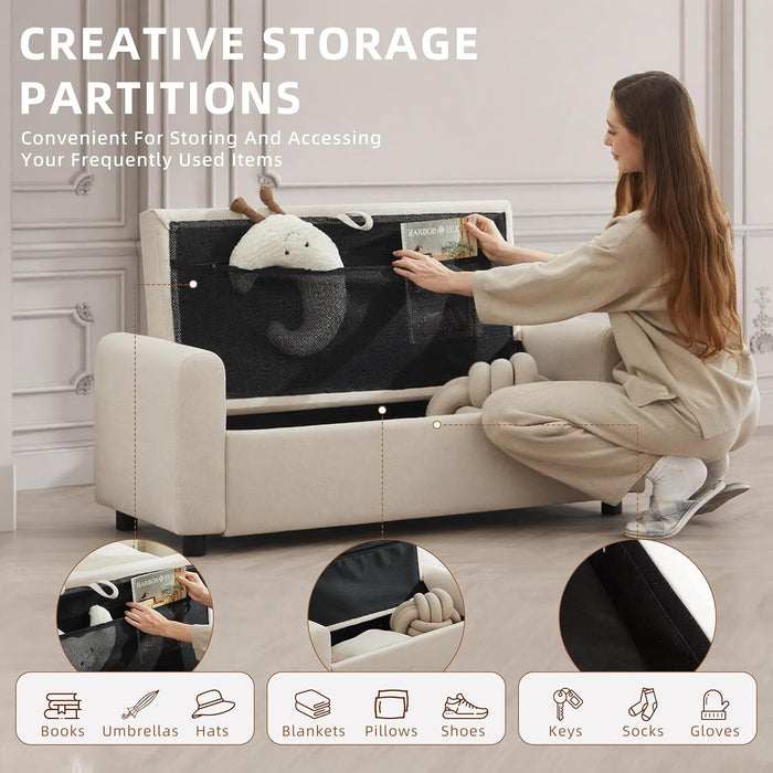 48" Ottoman with Storage, Tufted Storage Ottoman Bench, Convenient Living Room Fabrics Bench Seat, Entryway Shoe Benches with Inner Zipper & Arm, Rivetless Upholstered Window Seat Ottomans, Beige