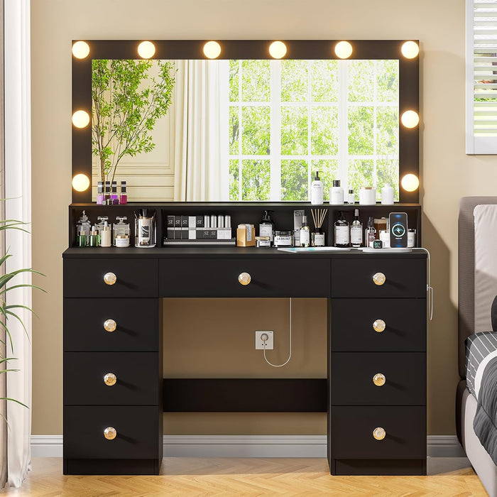 Vanity Desk with Large Mirror and Lights, Makeup Vanity with Power Outlet, 9 Drawers & Shelf Storage, Black Vanity with 3 Lighting Modes, Dressing Vanity Table for Women, Girls, Bedroom