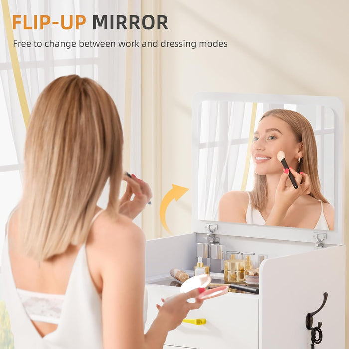 3 in 1 Vanity Desk with Plip Top Mirror,Small Make up Vanity Set with Visible Glass Desktop,Compact Makeup Vanity with 3 Drawers,Cushioned Tool,Dressing Table for Bedroom