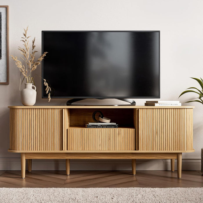 63" Tambour TV Stand, Fluted TV Stand for Tvs up to 70'', Modern Entertainment Center with Storage, Wood Media Console with Sliding Doors for Living Room, Natural