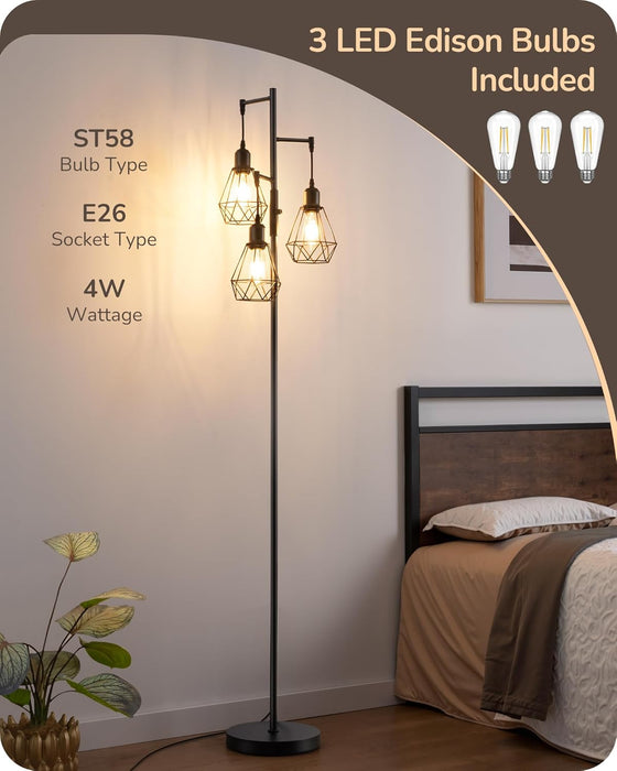 70IN Farmhouse Floor Lamps for Living Room, Dimmable Industrial Tall Standing Lamps 3 LED Edison Bulbs Included, Diamond-Shaped Cage, Rustic Tree Corner Light for Bedroom, Office, Black