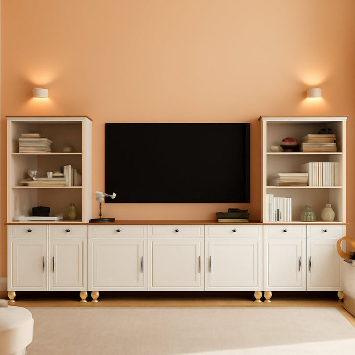 Entertainment Center with Bookshelves for Tvs up to 75", Farmhouse Wall Unit TV Stand with 8 Doors & 4 Drawer, Media Console Table for Living Room, Bedroom & Home Theater, off White