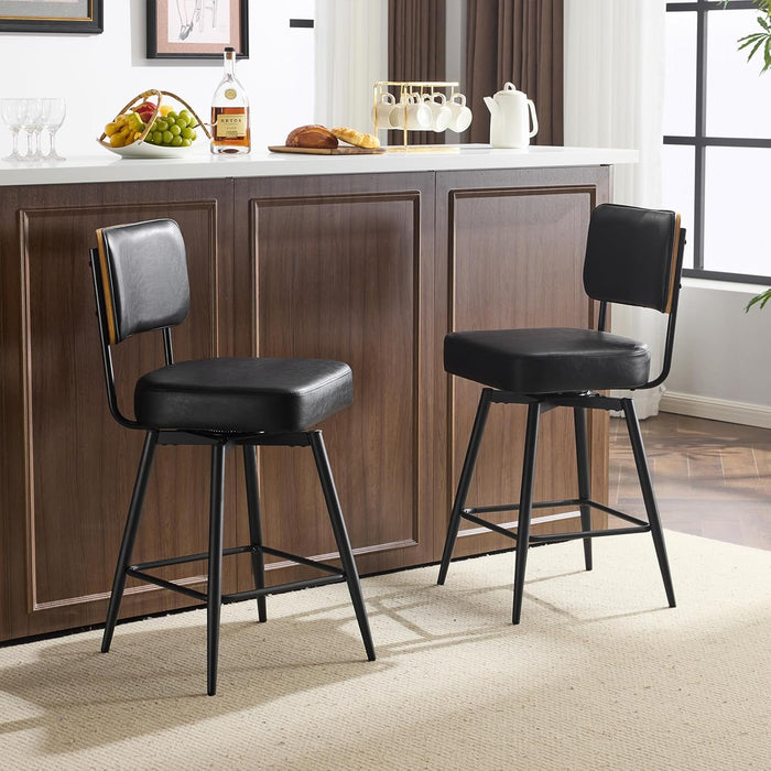 26" Swivel Bar Stools Set of 2, Upholstered PU Leather Barstools with Wood Backs and Metal Legs, Counter Height Barstool for Kitchen Island & Outdoor Bar Stools, Black