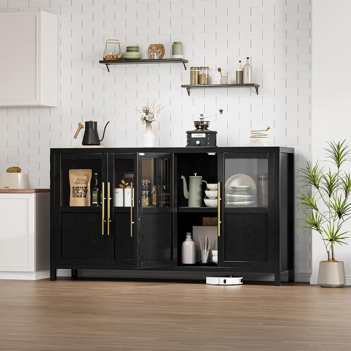 Sideboard Buffet Cabinet with 4 Glass Doors, 55 in Buffet Table Coffee Bar Wine Bar Display Cabinet for Kitchen Dining Room, Living Room (Glass with 4 Doors, Dark)