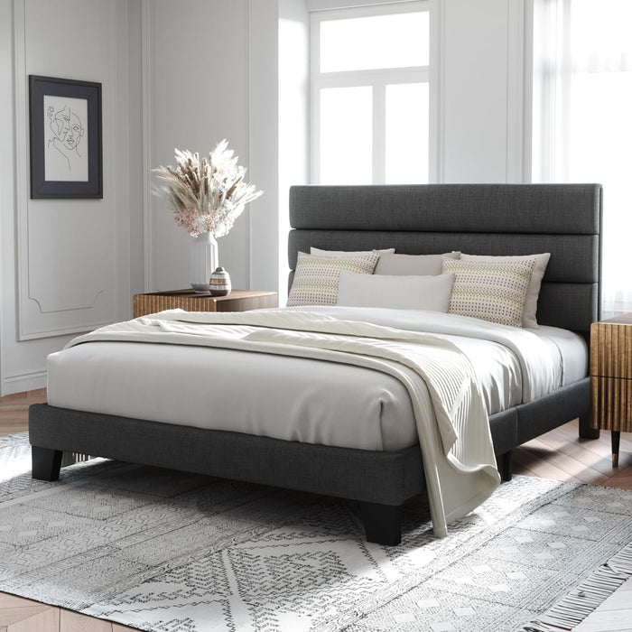 Full Size Platform Bed Frame with Fabric Upholstered Headboard Gray