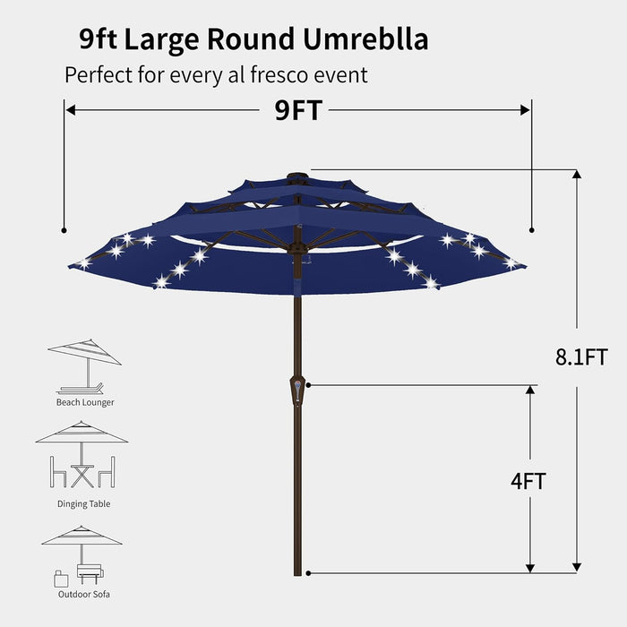 9Ft 3-Tier Patio Umbrella with Solar Lights, Table Umbrella Outdoor Patio with Easy Crank & Tilt, 8 Sturdy Ribs, UV Protection, 32 LED Lights for Deck, Poolside, Market (Navy Blue)