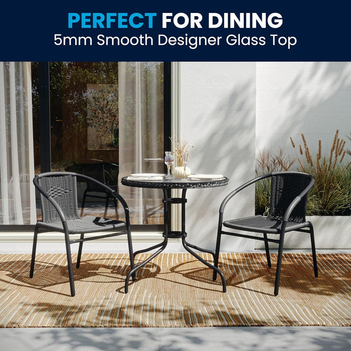 3-Piece Patio Dining Set with round Glass Metal Table and 2 Stackable Rattan Chairs, Indoor/Outdoor Bistro Table and Chairs Set, Gray