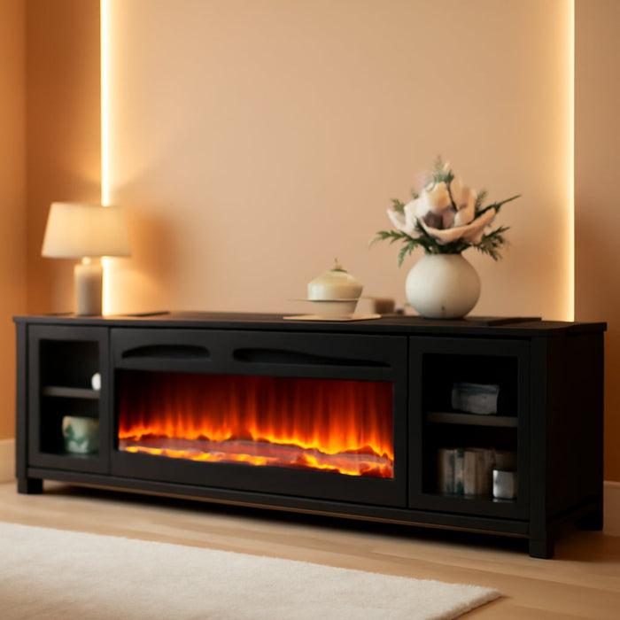 80" Fireplace TV Stand With, Modern 50" Smart Fireplace Fire Place Entertainment Center, Adjustable TV Console with 12-Color LED Lights, for Living Room, Black