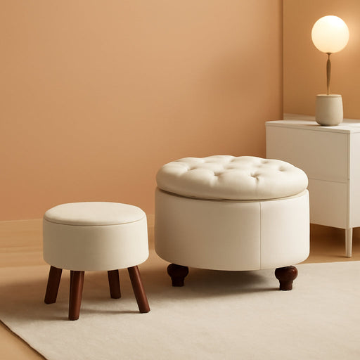24Inch round Storage Ottoman, Set of 2, Modern Button Tufted Coffee Table with Removable Top, Upholstered Ottoman with Storage Footrest Stool for Living Room, Bedroom (Khaki)