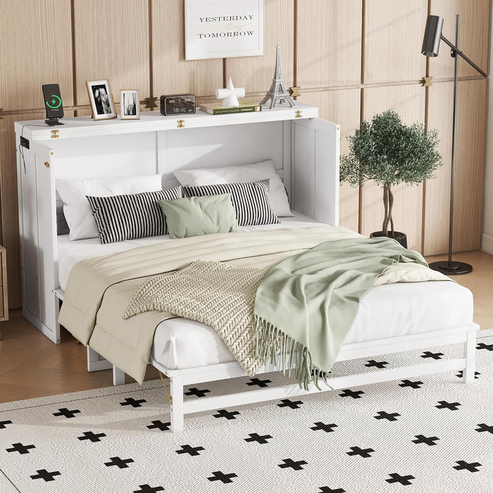 Queen Murphy Bed with Storage Drawer and Charging Station, Cabinet Bed, Farmhouse Murphy Cabinet with Foldable Panel, Noisy Free, for Guest Bedroom, Living Room, White+White Panel