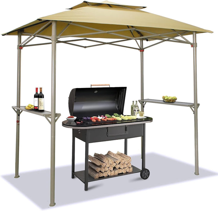 8X5 Grill Gazebo - Pop up Canopy for BBQ and Backyard Patio - Easy Outdoor Barbecue Shade Cover with Double Tier Vented Top & 2 Side Shelves (Beige)