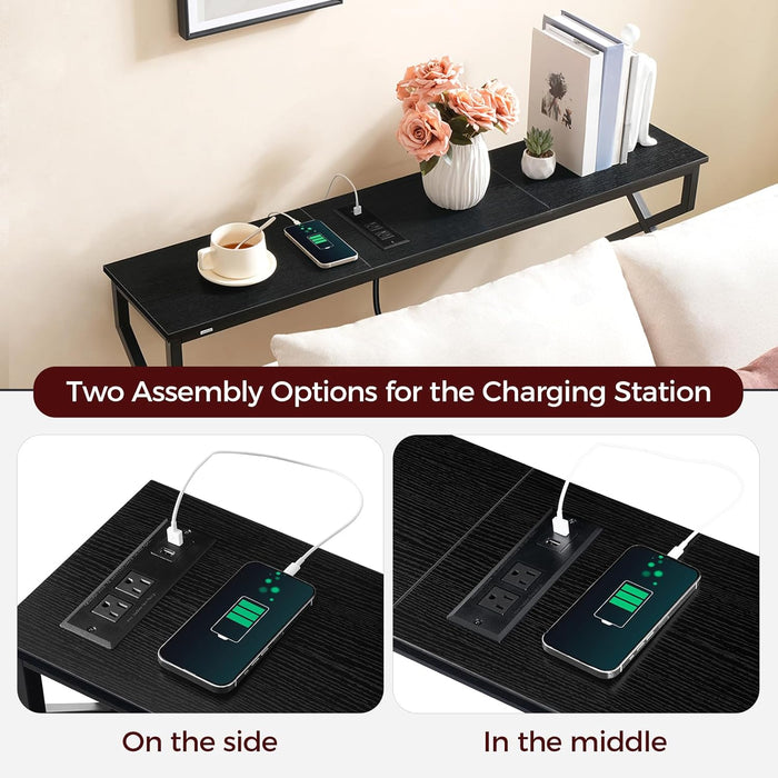 44.9" Sofa Table, 9.4" Narrow Console Table with Charging Station, Couch Table behind Sofa with Outlet, Entryway Table with Display Shelf, Living Room, Black CTHB113E01
