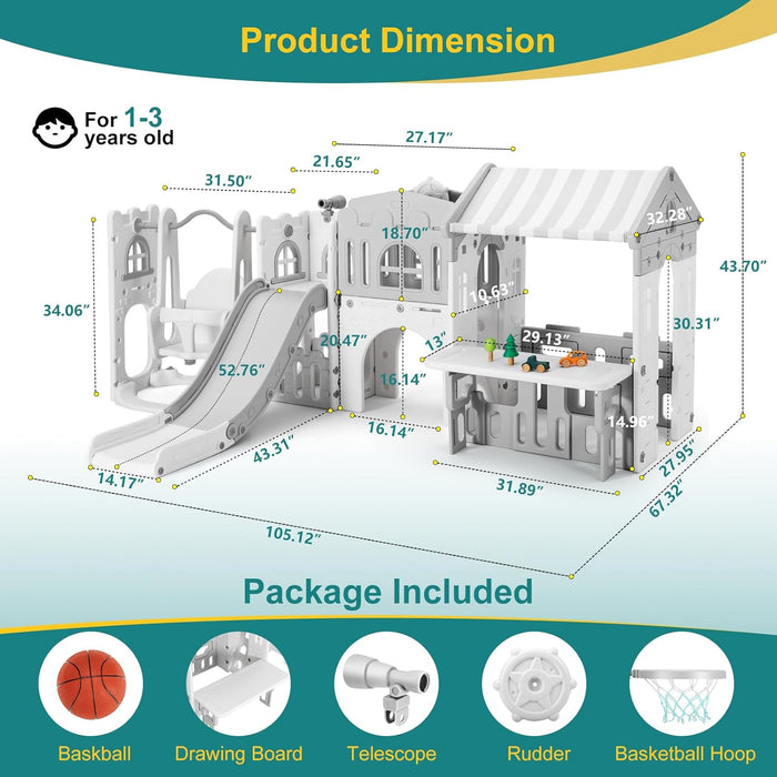 10 in 1 Toddler Slide, Freestanding Kid Climber Slide Playset, Toddler Playhouse with Slide and Swing, Basketball Hoop, Telescope, Indoor Outdoor Backyard Playground Toy for Toddlers Age 1-3+