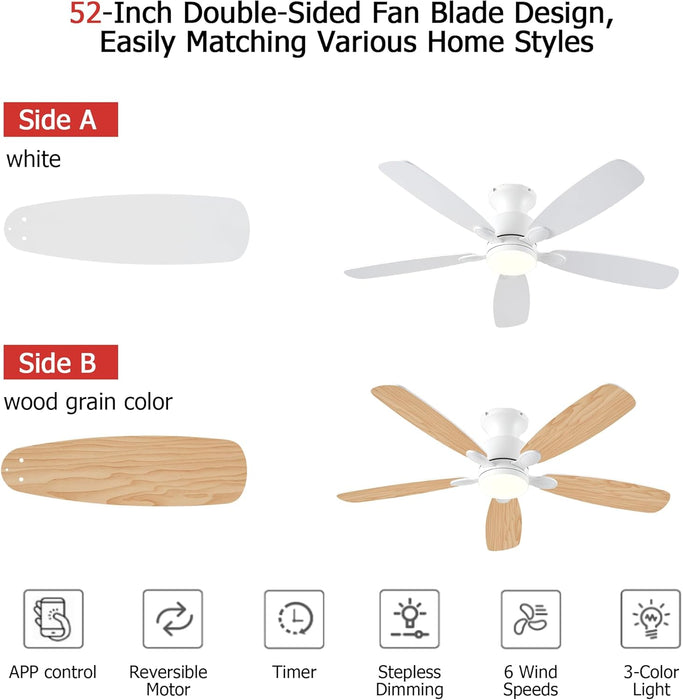 52Inch Ceiling Fans with Lights, Low Profile White Ceiling Fan with Light and Remote/App Control, DC Reversible Motor, Noiseless, Flush Mount Ceiling Fan for Bedroom Living Room Patios