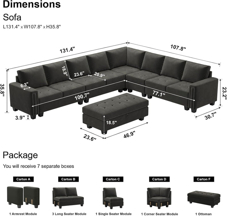 Grey Modular Sectional Sofa L-Shaped, Oversized, Storage