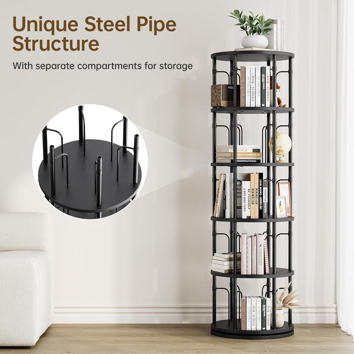 Black Rotating Five Tier Floorstanding Bookshelf Spin360