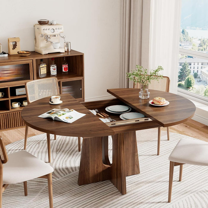 59-Inch Extendable Dining Table, Kitchen Table for 4-6 People | Farmhouse Wood Space-Saving Expandable Dinner Table, round to Oval Pedestal Dining Table, Dark Brown Walnut