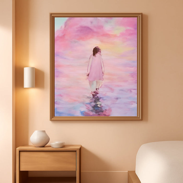 Pink Jesus Walking on Water Wall Art, Frame 3D Textured Hand Drawn Sandstone Christian Wall Decor Paintings Religious Savior Pictures for Living Prayer Room Bedroom, 12X16 in Wood Framed