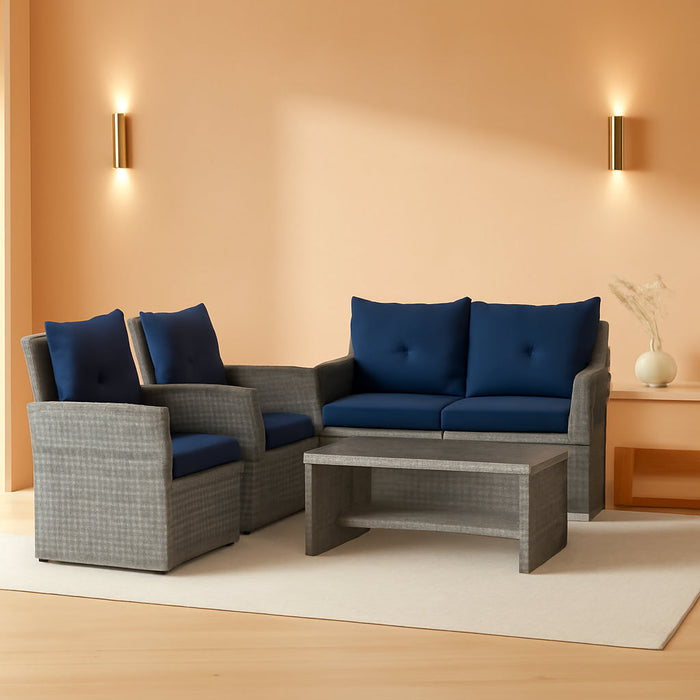 4 Piece Outdoor Patio Furniture Set, Outdoor Sectional Furniture, Wicker Sectional Conversation Sofa Set with Glass Table and Cushions (4 Piece Navy)