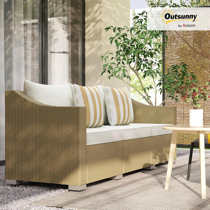 3 Seater Patio Sofa, Wicker Sofa with Cushions, Outdoor Furniture Rattan Couch with 2 Throw Pillows, Deep Seating, for Garden, Backyard, Porch, Cream White