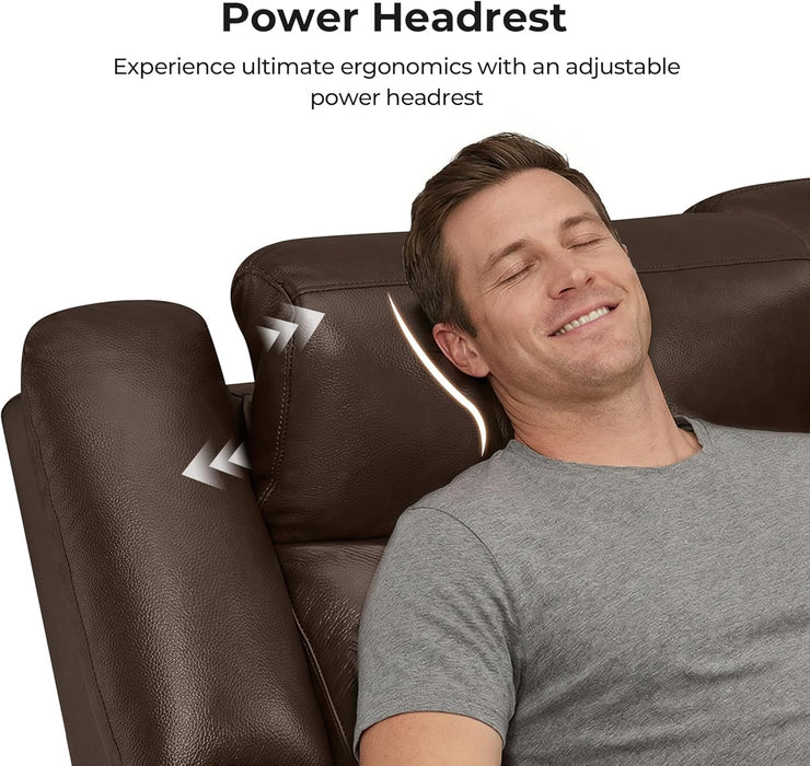 Genuine Leather Power Recliner Sofa, Wall Hugger Reclining Sofa with Drop down Table, Power Headrest, Drawers, Charging Ports, Reclining Sectional Couch for Living Room, RV, Dark Brown