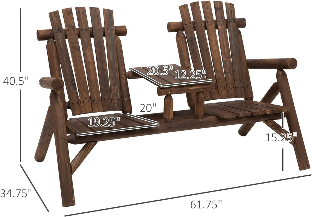 2-Seat Wooden Adirondack Chair, Patio Bench with Table, Outdoor Loveseat Fire Pit Chair for Porch, Backyard, Deck, Carbonized