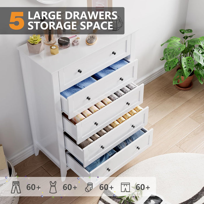 White 5 Chest of Drawer Dresser, Wood Storage Organizer Cabinet with Drawers for Bedroom, Tall Dresser Nightstand for Living Room, Entryway