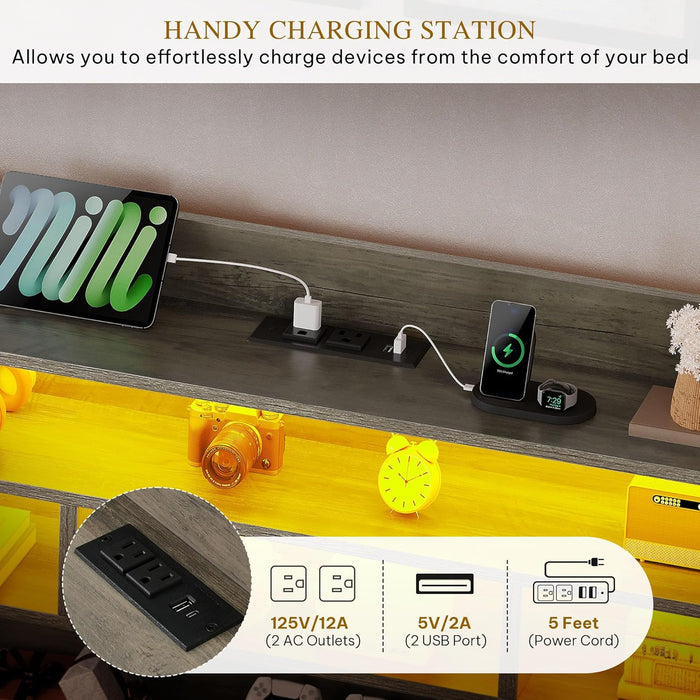 Queen Size Bed Frame with RGB LED Lights & Storage Bookcase Headboard, Upholstered Bed with Charging Station and 4 Drawers, No Box Spring Needed, Easy Assembly, Noise-Free, PU Leather Black