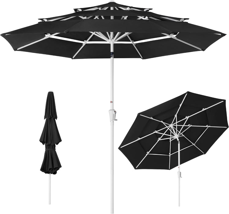 10Ft 3-Tier Patio Umbrella White Pole, Outdoor Market Umbrella with Push Button Tilt and Crank Lift, Steel Pole Umbrella for Backyard Patio Pool Outdoor Shade