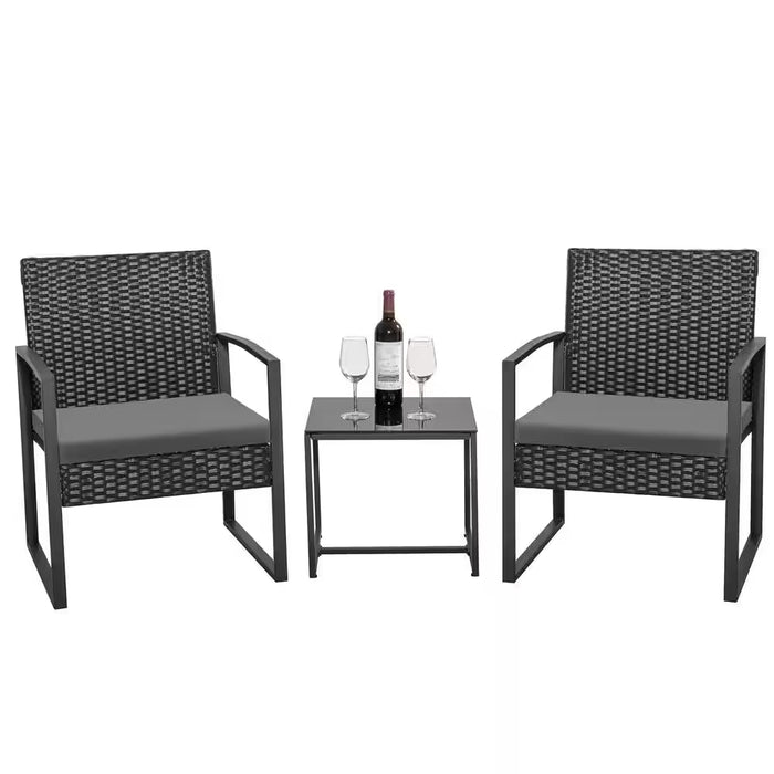 Black 3-Piece Patio Sets Steel Outdoor Wicker Patio Furniture Sets Outdoor Bistro Set with Gray Cushion