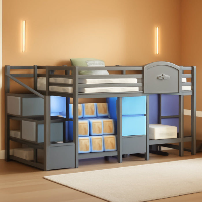 Twin Charcoal Grey Loft Bed IntegratedStorageSystem Drawers