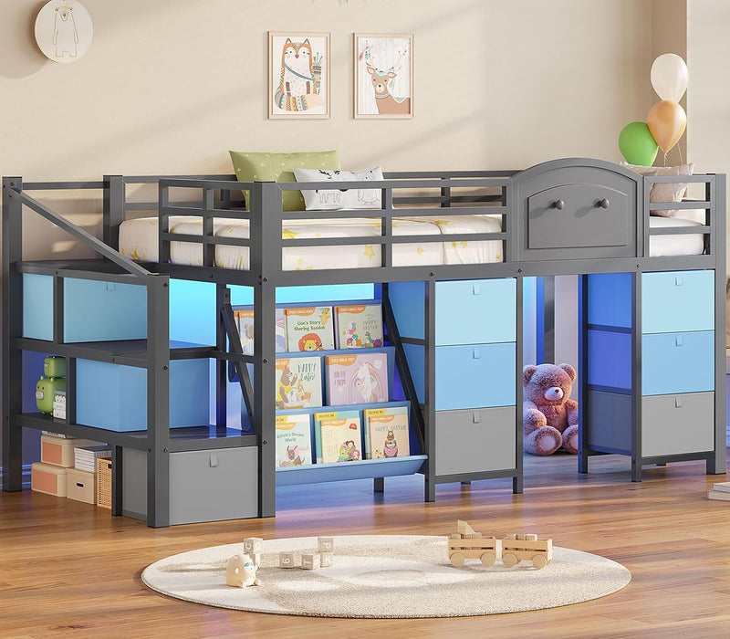Twin Charcoal Grey Loft Bed IntegratedStorageSystem Drawers