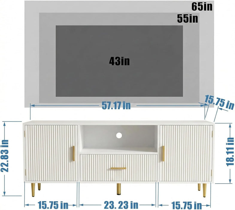 Modern Fluted TV Stand for 55/60/65 Inch TV, 57" Entertainment Center Media Console Table with Drawer & Storage Cabinets, Ribbed Design TV Cabinet Credenza for Living Room, White