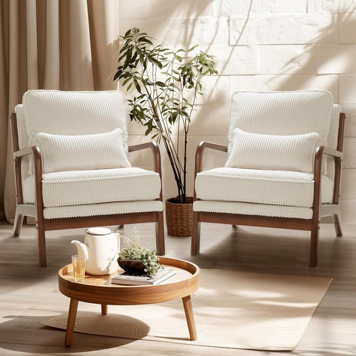 Cream Corduroy Upholstered Mid Century Accent Chairs