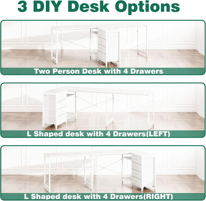 2 Person Desk & L Shaped Desk, 76.4'' Home Office Desk with 4 Drawers & Outlet, Corner Computer Desk with Metal Wire Shelf, Adjustable Drawer Orientation & Desk Shape for All Space, Brown