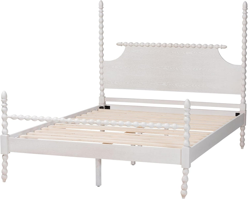 Caliana Bobbin Four-Poster Platform Bed - Wooden Bed Frame with Turned Spindle Posts and Panel Headboard, Vintage-Inspired Bedroom Furniture, White, Queen