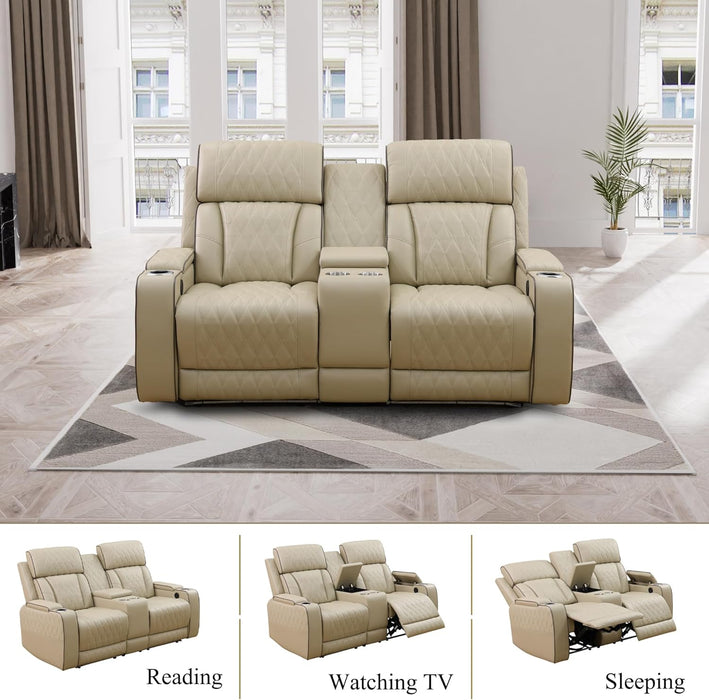 Power Recliner Sofa Set, 3 Piece Breathing Leather Sofa Set, Reclining Couch Loveseat and Chair Furniture with LED/USB Port/Cup Holders for Living Room Home Theater (Khaki)