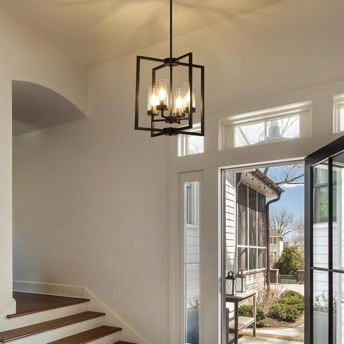 Black Chandeliers for Dining Room, 4-Light Entryway Chandelier for Foyer, 15.7" Hanging Kitchen Light Fixtures Geometric Modern Farmhouse Chandelier for Entryway Hallway Living Room Stairway