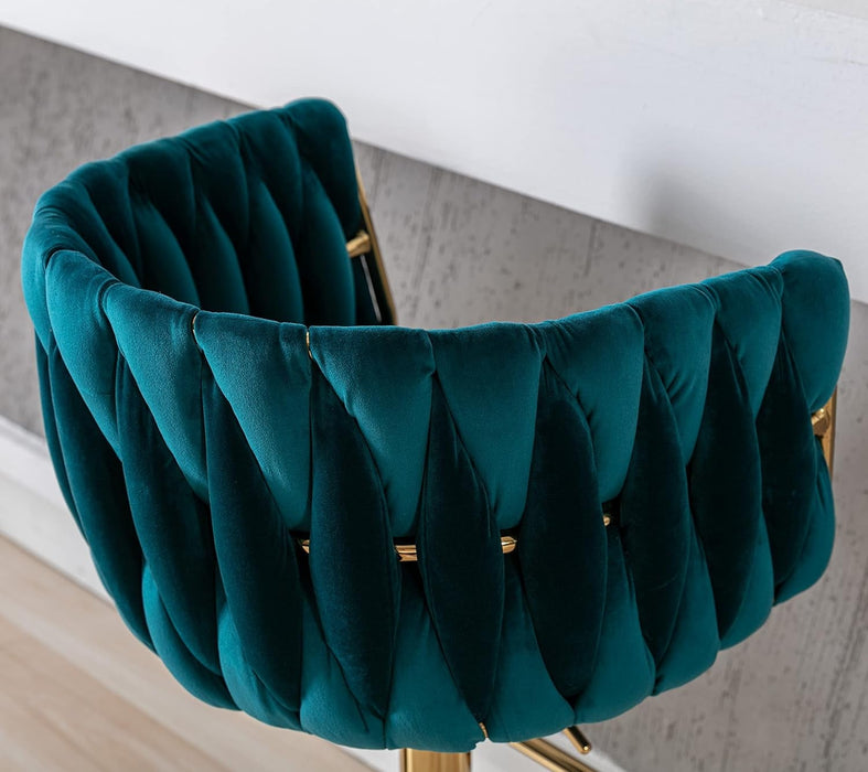 Modern Swivel Bar Stools Set of 2, Velvet Adjustable Height Barstool with Barrel Back Kitchen Island Counter Bar Chair with Golden Base, Teal Green