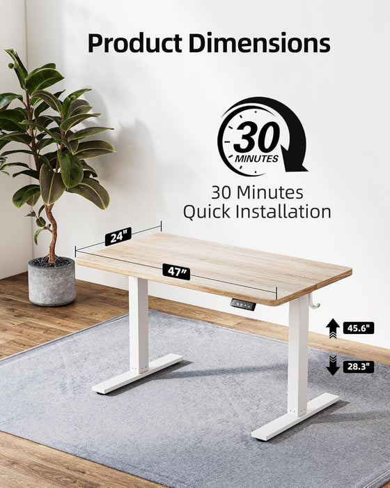 Electric Height Adjustable Standing Desk 47.2×23.6 Inch, Sit Stand Desk with Splice Board, Memory Controller, White Frame & Maple Top Computer Workstation for Home Office