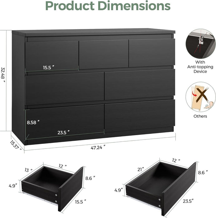Modern Black 7 Drawer Dresser for Bedroom, Simply Chest of Drawers, Wood Storage Dresser with Deep Drawers for Living Room Hallway Entryway, Black