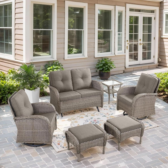 5 Piece Outdoor Patio Furniture Set with Deep Seating Swivel Rocker Chairs Loveseat and Rattan Coffee Table Outdoor Conversation Sets for Deck Backyard Poolside,Gray Wicker Gray Cushion